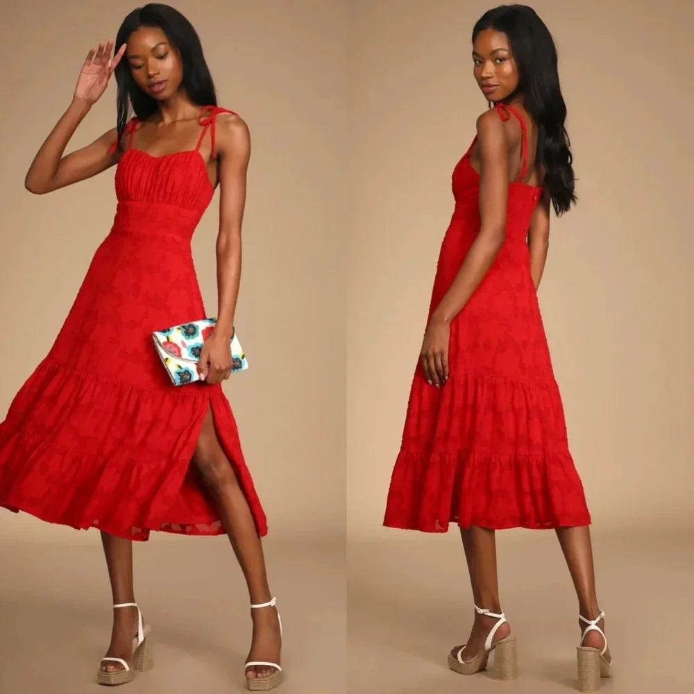 Lulu's Sweet Sentiments Red Jacquard Tiered Midi Dress S Wedding Party Guest NWT